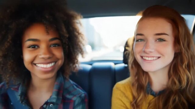 Two friends smiling for a selfie in a car, wearing casual outfits, daytime light.