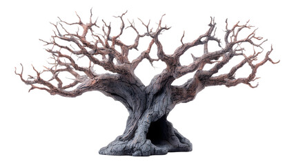 Dead tree sculpture with hollowed trunk and eerie branches, isolated on white background