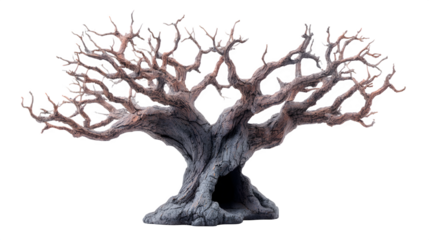 Dead tree sculpture with hollowed trunk and eerie branches, isolated on white background