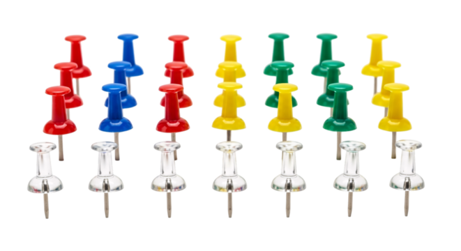 Colorful push pins and clear thumbtacks isolated on transparent background