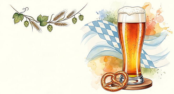 Tall glass of golden beer with foamy head and pretzel decorated with hops and bavarian flag