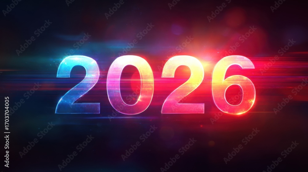 Poster vibrant and futuristic 2026 digital number display with colorful light burst and radiant visual effe