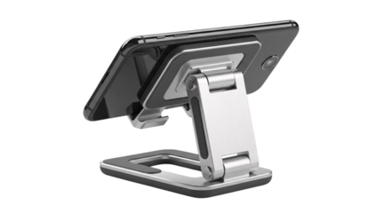 Smartphone on adjustable metal stand isolated on transparent background