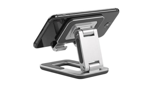 Smartphone on adjustable metal stand isolated on transparent background