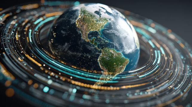 Digital globe hologram network data Futuristic digital globe hologram with network data rings
