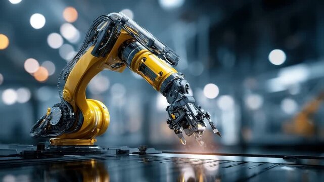 Industrial robotic arm welding and working metal surface with sparks, advanced automation technology, precision engineering, manufacturing, metalworking, machinery, factory, mechanical arm