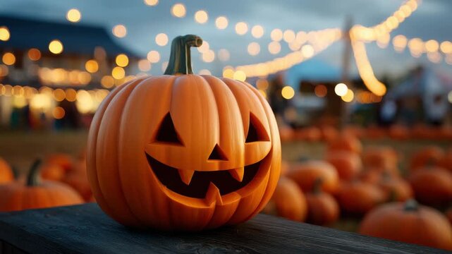 Glowing carved jack o lantern pumpkin on wooden surface at outdoor autumn festival with orange pumpkins and string lights creating festive halloween atmosphere