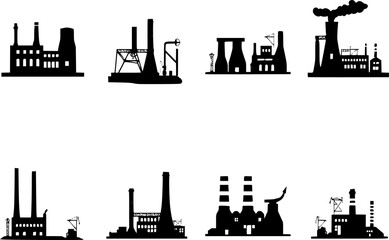 Fototapeta premium Industrial flat icon set in black and white style | factory, tools, machinery, engineering symbols.