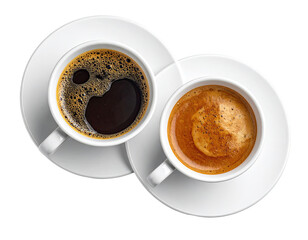 Two cups of coffee, one black, one with crema, atop white saucers, in a close-up overhead view