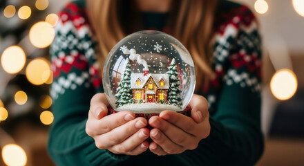 Woman holding a snow globe with miniature house and Christmas trees. Winter wonderland scene for holiday season and festive decor advertisement.