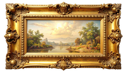 Golden framed landscape painting.  A serene vista of a river valley, with trees, hills, and a tranquil water surface, bathed in golden sunlight.  Ornate gold frame
