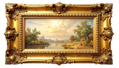 Golden framed landscape painting.  A serene vista of a river valley, with trees, hills, and a tranquil water surface, bathed in golden sunlight.  Ornate gold frame