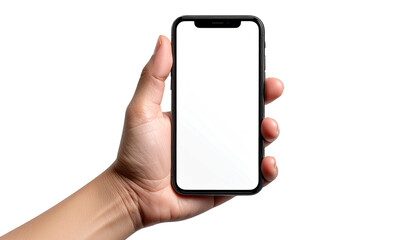 A hand holding a black smartphone with a blank white screen.  The phone is positioned vertically, displaying a plain white screen.  