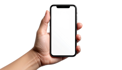 A hand holding a black smartphone with a blank white screen.  The phone is positioned vertically, displaying a plain white screen.  