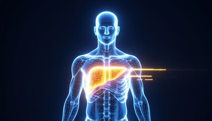 Male Liver Anatomy:  Wireframe Model, Energy Flow, Medical Illustration