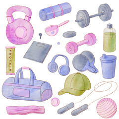 Fitness clipart with dumbbells, resistance bands, water bottles and gym accessories isolated on transparent background PNG