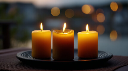 Three lit candles on a dark plate at dusk with blurred lights in the background
