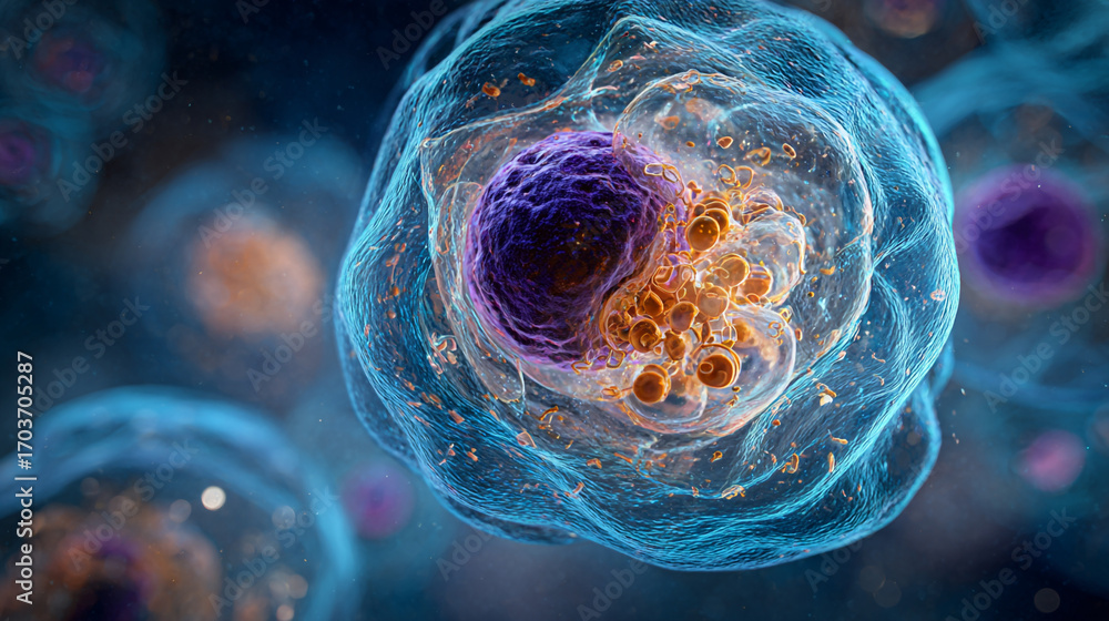 Poster microscopic view of a cell with internal organelles and surrounding particles