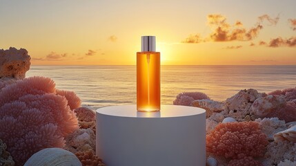 Amber perfume bottle on a white pedestal at sunrise, surrounded by coral and shells