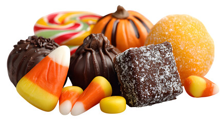 Delightful Halloween sweets including candy corn, lollipops, and chocolates, isolated on white background