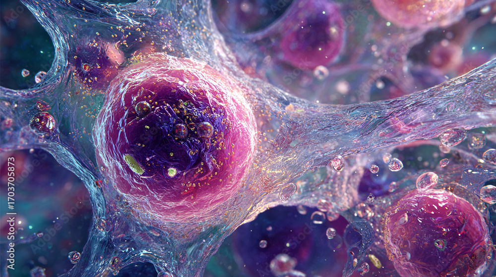 Poster microscopic view of cells and fluid dynamic interaction in a vibrant purple and blue environment