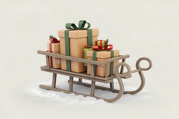A charming rustic wooden sleigh overflowing with festively wrapped Christmas presents, ready for a joyful holiday delivery.