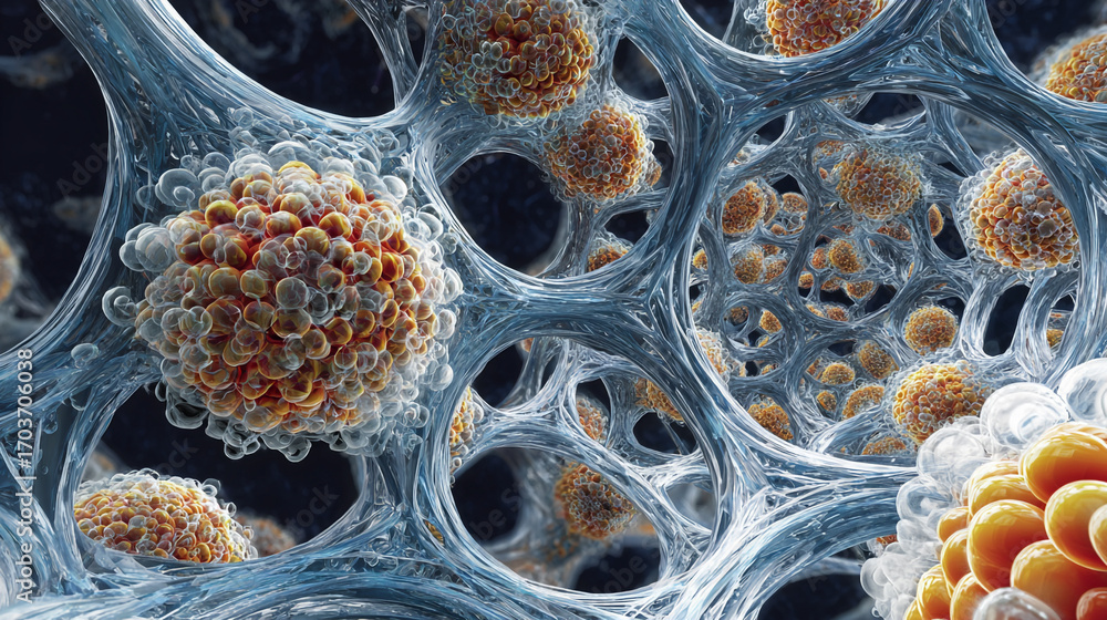 Poster microscopic view of cells clusters within a complex network structure showing cellular interaction