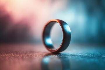 Close-up of a dark ring on a surface. Soft focus, vibrant background