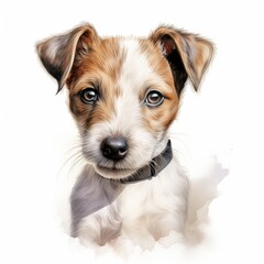 The illustration shows a young Jack Russell Terrier puppy wearing a black collar, looking directly at the viewer against a white background with a soft watercolor effect.