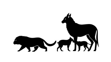 Silhouette depiction of a lion walking alongside a group of dogs and a larger canine.