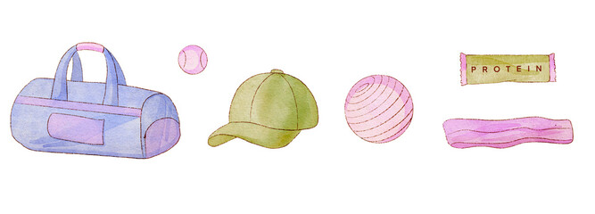 Fitness clipart with dumbbells, resistance bands, water bottles and gym accessories isolated on transparent background PNG