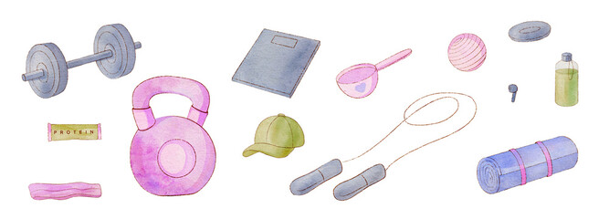 Fitness clipart with dumbbells, resistance bands, water bottles and gym accessories isolated on transparent background PNG