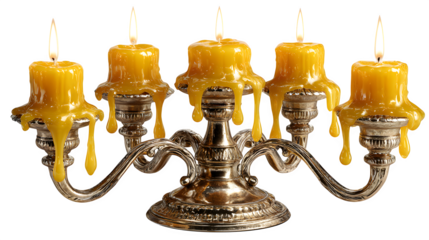 Elegant antique candelabra with dripping wax candles, isolated on white background