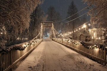 Fototapeta premium Snow covered bridge decorated with garland