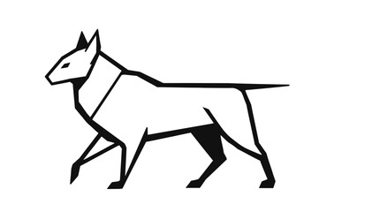 A minimalist black and white graphic illustration of a dog walking, showing a geometric style.