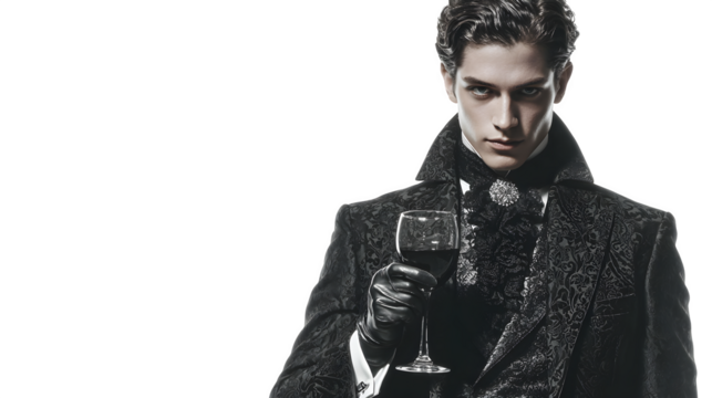 Elegant man dressed as vampire holding wine glass, isolated on white background