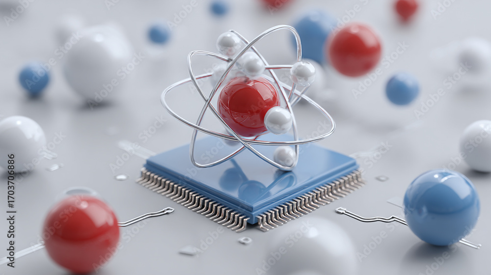 Aufkleber atom model on a microchip surrounded by colorful spheres representing technological innovation