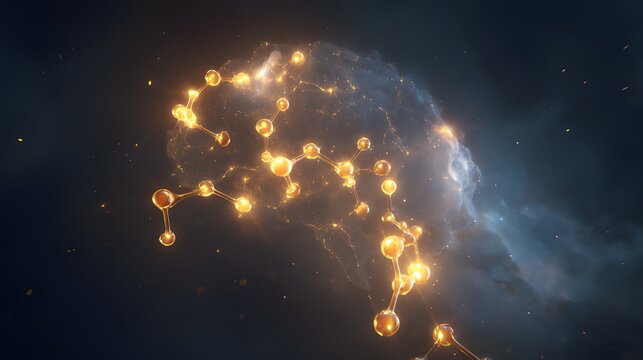 A golden molecular structure of spermidine floating above a brain-shaped nebula, glowing with energy.