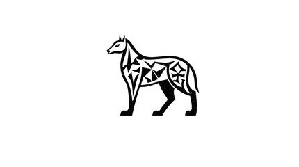 A stylized black and white illustration of a wolf, featuring geometric patterns within its form.