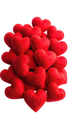 A cluster of vibrant, red felt hearts.  Many small hearts tightly packed together, creating a dense, heart-shaped pile against a black background