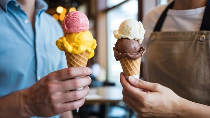Joyful couple shares delicious ice cream cones in bright cafe setting