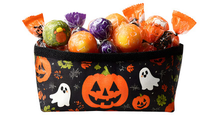 Festive bag of Halloween candy treats, isolated on white background