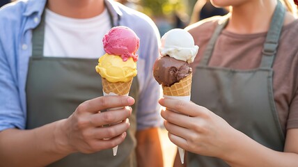 Joyful couple sharing delicious ice cream cones on a sunny day, creating sweet summer memories