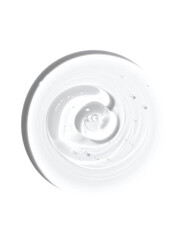 A circular, top-down view of a smooth, white, liquid substance with swirling, concentric patterns and small, translucent bubbles