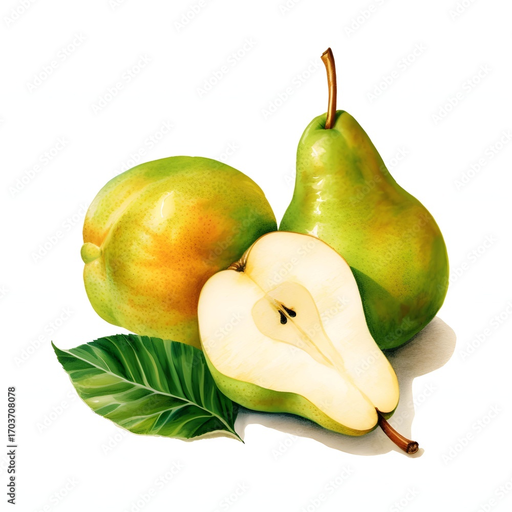Aufkleber two whole pears and a pear half are presented on a white background with a single green leaf for con
