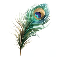 The illustration shows a detailed peacock feather with its characteristic eye pattern, teal, and green shades, set against a white background.