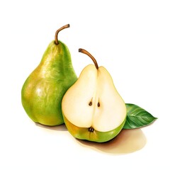 A watercolor painting shows a whole green pear beside a half of a similar pear; a leaf is near the sliced pear.