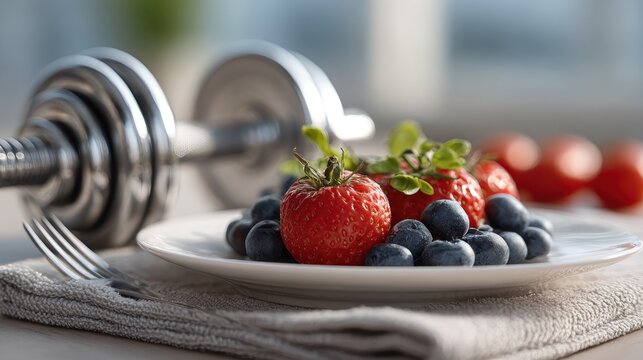 Balanced lifestyle concept of exercise with fruit-focused, nutritious diet