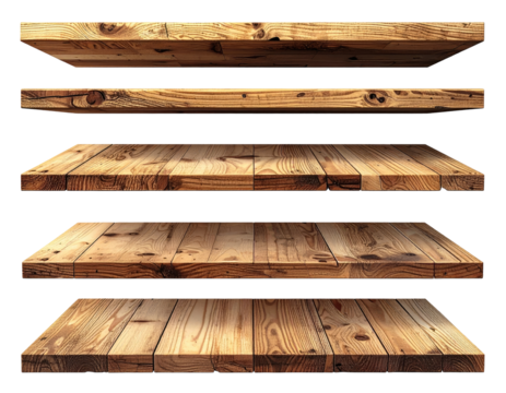 Four stacked wooden shelves, light brown tones