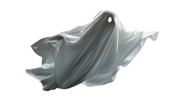 Floating Halloween ghost spirit figure with subtle shadow effect, isolated on white background